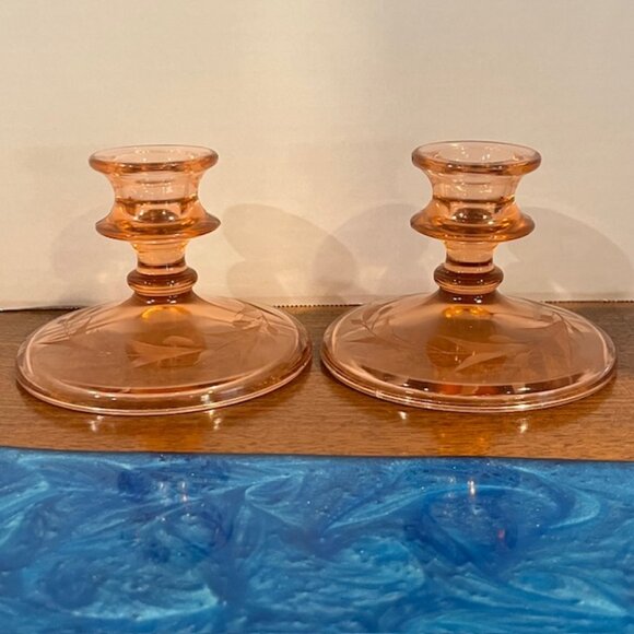 Vintage Pink Depression Glass Etched Flowers Candlesticks - Picture 2 of 7